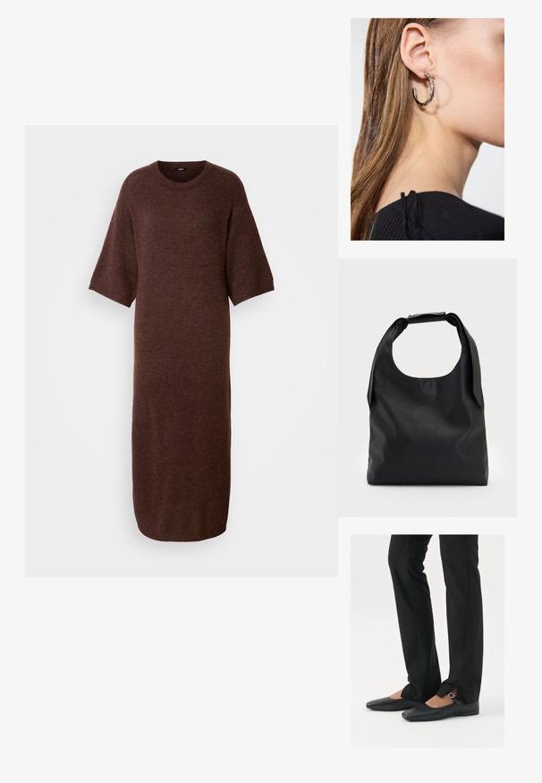 Robe en tricot marron à encolure ronde, à manches courtes et coupe droite, offrant une texture douce et une longueur mi-mollet.; Ballerines en cuir noire avec un bout pointu, sangle avec boucle en argent, associées à un pantalon noir sur mesure avec un ourlet fendu.; Sac hobo en cuir noir avec une seule poignée ronde et douce ; présente une texture lisse et un design minimaliste. Pas de matériel ou d'accents visibles.; Boucle d'oreille en argent avec une finition polie, présentant de petits détails en or et de forme ronde, portée sur le lobe.
