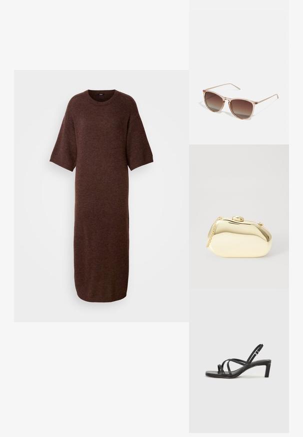 Abito lavorato a maglia marrone con scollo rotondo, maniche corte e vestibilità asciutta, caratterizzato da una texture morbida e lunghezza fino al polpaccio.; Sandalo nero con cinturini, dalla punta squadrata e tacco basso a blocco. Presenta diversi cinturini sottili e una cinturini regolabile alla caviglia. Realizzato in pelle liscia.; Occhiali da sole con gradiente marrone e una montatura traslucida rosa, forma quadrata e aste in metallo sottili. Presentano bordi arrotondati e dettagli minimali.; Clutch metallico oro con una forma liscia e arrotondata, dotato di una chiusura a pulsante superiore e una piccola tracolla per il trasporto.