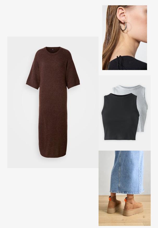 Rochie tricotată maro, cu guler rotund, mâneci scurte și croi drept, având o textură moale și lungime până la jumătatea gambei.; Even&Odd Petite 2 PACK - Top - light grey/black; Botine maro din suede cu platformă, cu panouri elastice pe laterale și mânere portocalii, asortate cu o fustă din denim deschis până la genunchi, pe un podea din lemn.; Cercel din argint cu un finisaj polișat, având detalii mici din aur și o formă rotundă, purtat pe lobul urechii.