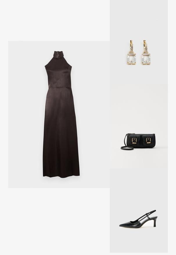 Hihaton, korkeakauluksinen musta mekko sileästä satiinista. Lattiaan ulottuva malli, jossa istuva yläosa ja hulmuava helma. Minimalistiset yksityiskohdat.; Musta patent slingback-kiilakorko teräväkärkisellä muotoilulla, jossa on teksturoitu käärmeennahkakuosi, säädettävä remmi ja lyhyt, teksturoitu blokkiheel.; Musta nahkainen olkalaukku, jossa on kaksi etutaskua, kultaiset soljet, vetoketjukiinnitys ja kapea hihna. Teksturoidun pinnan ja kompaktin suorakaiteen muoto.; Kulta-sävyiset korvakorut, joissa on suorakulmainen, kirkas kivi roikkumassa pienen, pyöreän kirkkaan korosteen rivin alapuolella. Tyylikäs, moderni muotoilu.