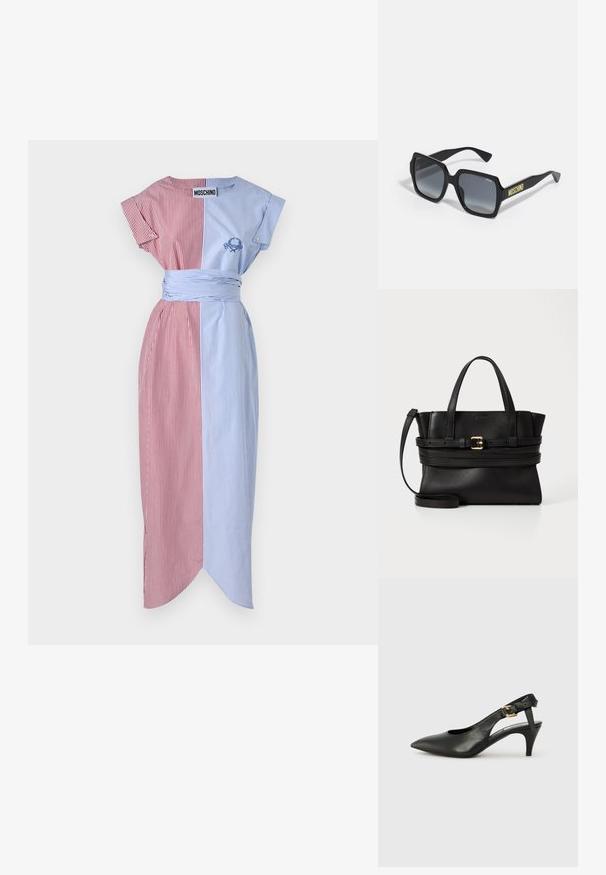 Svītru kleita ar sarkaniem un ziliem paneļiem, īsām piedurknēm, jostas saitēm, sānu šķiršanu un izšuvumu. Audums izskatās gluds un viegls.; Melnas ādas siksnu pumpas ar norādītu pirkstu, nelielu papēdi un sprādzes detaļu uz potītes siksnas. Gluda tekstūra, minimalistisks dizains.; Melnas kvadrātveida saulesbrilles ar gradienta pelēkiem stikliem; ar smalkām akcentēm un "MOSCHINO" zīmolu dzeltenā krāsā uz roktura.; Melna ādas rokassoma ar strukturētu dizainu, divām augšējām rokturiem, noņemamu siksnu un zelta sprādzi, kas akcentē horizontālo joslu.