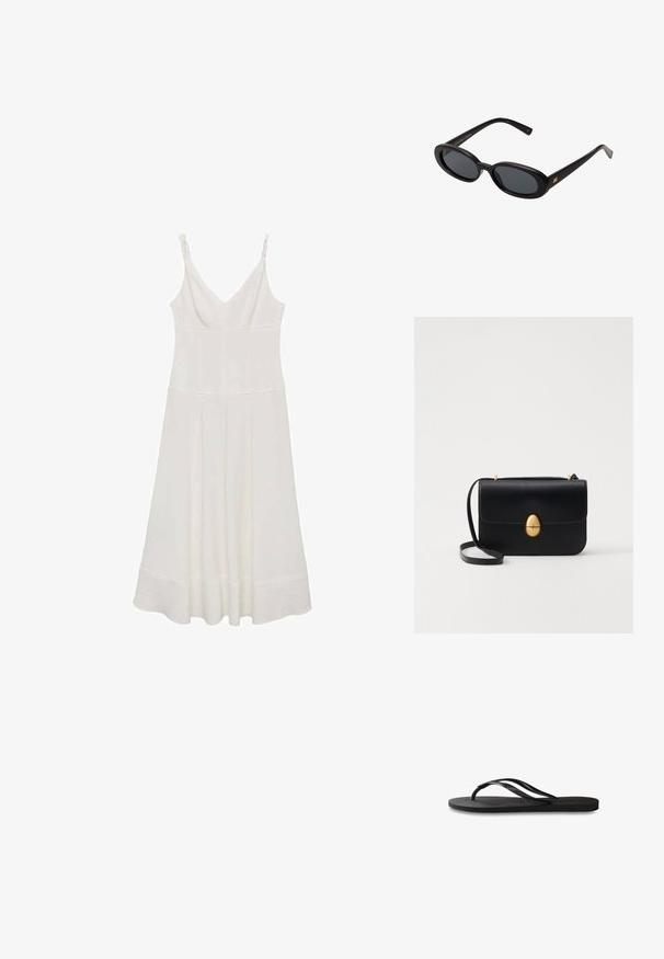 Witte mouwloze jurk met een V-hals, voorzien van geplooide details bij de schouders en een vloeiende rok die net onder de knie eindigt.; Zwarte flip-flop met een gestructureerde rubberen zool, twee slanke banden en een subtiele, ingedrukte logo-detail op de band.; Zwarte oversized zonnebril met ovale lenzen, een glad plastic montuur en gouden accenten op de pootjes. Donkere lenzen bieden bescherming tegen de zon.; Zwarte leren handtas met een gestructureerde rechthoekige vorm. Voorzien van een gouden ovale sluiting en een dunne schouderband. Glad van textuur.