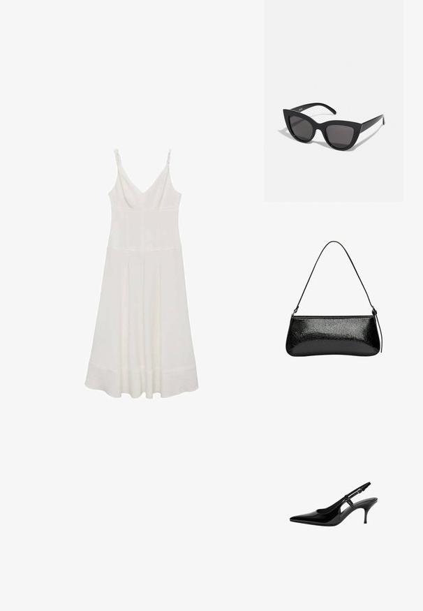 Bijela haljina bez rukava s V-izrezom, koja ima nabrane detalje na trakama i lepršavu suknju koja završava ispod koljena.; Crne lakirane kožne sandale sa otvorenom petom, špicastim prstom, otvorima sa strane, tankom potpeticom i podesivom trakom oko članaka.; Crne mačkaste sunčane naočale s mat završnom obradom, sivo obojeni leće, oštri kutovi i elegantne bočne ručke. Ime brenda vidljivo na unutrašnjoj strani ručke.; PULL&BEAR Ručna torba - black