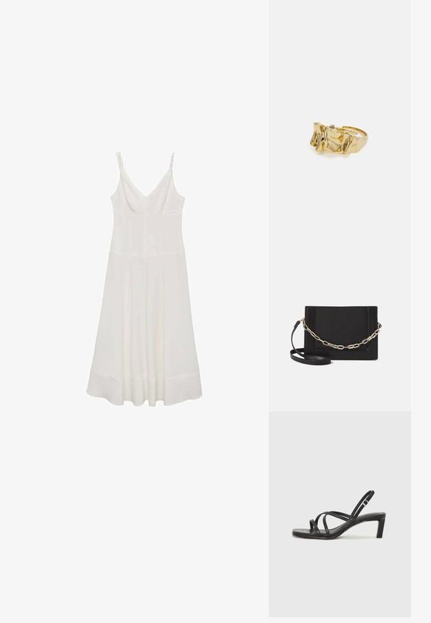 Bijela haljina bez rukava s V-izrezom, koja ima nabrane detalje na trakama i lepršavu suknju koja završava ispod koljena.; Crne sandale s trakama, kvadratnim prstom i niskom blok petom. Ima više tankih trakica i podesivu trakicu oko gležnja. Izrađene su od glatke kože.; Crna kožna torba preko tijela s glatkom teksturom, pravokutnim oblikom i metalnim lancem na prednjoj strani. Uključena je podesiva naramenica.; Zlatni prsten s teksturiranim, valovitim dizajnom koji ima tri istaknuta vrha. Glatka, sjajna površina s otvorenom trakom za podešavanje veličine.