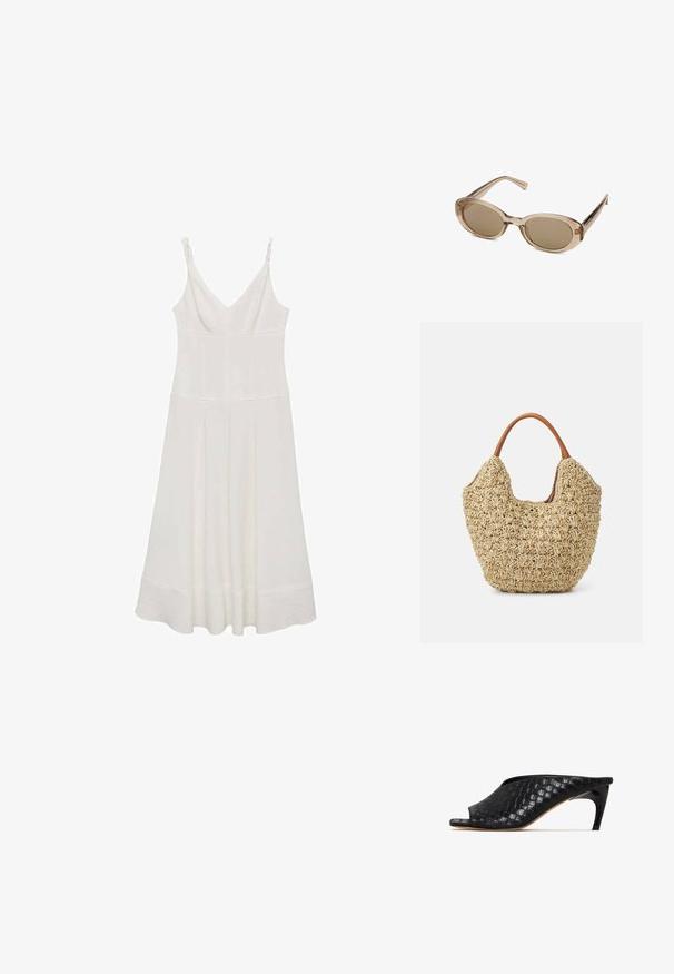 Biała sukienka bez rękawów z dekoltem w kształcie litery V, z marszczeniami przy ramiączkach i zwiewnym dołem kończącym się poniżej kolan.; Czarne plecione mule z otwartym noskiem i gładką, zakrzywioną szpilką. Materiał ma połyskliwe wykończenie i charakteryzuje się teksturowanym, szachownicowym wzorem.; Okulary przeciwsłoneczne z przezroczystą beżową oprawą, owalnymi soczewkami i smukłymi zausznikami. Posiadają jasnobrązowe przyciemniane soczewki oraz minimalne logo.; Spleciona torba na ramię z trawy o naturalnej teksturze i miękkim, organicznym kształcie, z brązowymi skórzanymi uchwytami do łatwego noszenia.