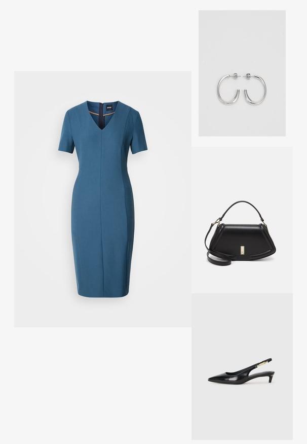 Niebieska dopasowana sukienka z krótkimi rękawami, dekoltem w kształcie litery V i zamkiem błyskawicznym z tyłu. Gładka tekstura, o długości do kolan z dopasowanym krojem i detalami szwów.; Czarne skórzane szpilki typu slingback z ostrym noskiem, posiadające smukły obcas i złoty akcent na regulowanym pasku. Gładka tekstura.; Czarna skórzana torebka o strukturalnym designie, z przyciętą formą, górnym uchwytem i złotymi akcentami. W zestawie regulowany pasek na ramię.; Srebrne kolczyki na biglu o gładkim, błyszczącym wykończeniu. O zaokrąglonym kształcie, lekkim designie, z zamknięciem na zatrzask.