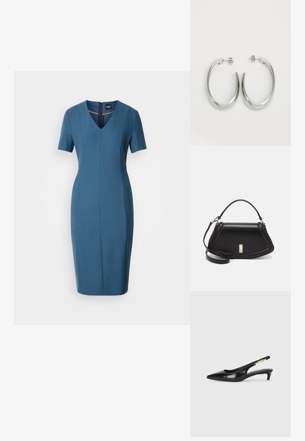 Zila pieguļoša kleita ar īsām piedurknēm, V veida kakla izgriezumu un aizmugurējo rāvējslēdzēju. Gluda tekstūra, līdz ceļiem un ar šūtu siluetu un šuvju detaļām.; Melnas ādas slingback zābaki ar smailu purngalu, ar šauru papēdi un zelta krāsas akcentu uz regulējama siksniņas. Gluda tekstūra.; Melnas ādas roku soma ar struktūru, ar īsu formu, augšējo rokturi un zelta aksesuāriem. Iekļauta regulējama plecu siksna.; Sudraba riņķveida auskari ar gludu, izliekta dizaina formu. Iezīmējas ar spīdīgu metāla apdari un pievienojamu aizdari. Nav redzamu rakstu vai akcentu.