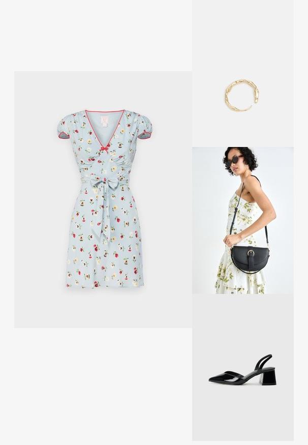 Gaiši zila īsa kleita ar ziedu rakstu, pūkainām piedurknēm, V veida kakla izgriezumu un sarkanu apdari. Ar saistītu jostas detaļu, izgatavota no gludas auduma.; Melna lakota āda ar atvērto papēdi, ar smailu purngalu un ģeometrisku blokpapēdi. Iezīmējas elegants, minimāls dizains un gluda tekstūra.; Melnas ādas rokassoma ar izliekta formu, noņemamu siksnu un zelta aksesuāriem. Somai ir vāciņš ar sprādzes detaļu.; Zelta toņa gredzens ar organisku, vērptu dizainu, gludu virsmu un sašaurinātiem galiem, radot mūsdienīgu, skulpturālu izskatu.