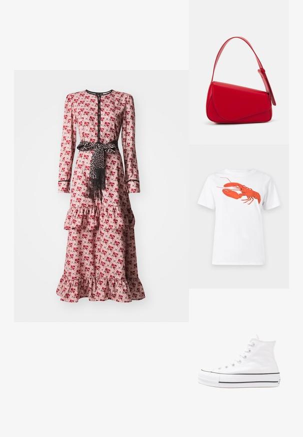 Ilga rankovė suknelė rožinės spalvos audinyje, puošta raudona gėlių spauda, su papuoštu kraštu ir leopardų raštu diržu, surištu ties liemeniu.; Balta medvilnė marškinėliai su dideliu, ryškiu raudonu omaru grafiku priekyje. Trumpomis rankovėmis ir standartiniu apvaliu kaklu.; Balti aukštakulniai drobės sportbačiai su juodu guminio pado, priekinio guminio piršto dangteliu ir šešiais akytėmis raištams, pasižymintys švariu, minimalistiniu dizainu.; Raudona odinė rankinė su kampuota, geometrine forma. Pasižymi viena reguliuojama dirželiu ir dangteliu su siuvinėtais dekoracijomis.