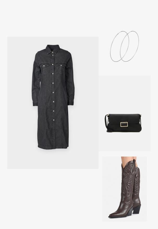 Tamsiai denimo marškinėlių suknelė su ilgomis rankovėmis, mygtukų užsegimu priekyje, dviem krūtinės kišenėmis ir vidutinio ilgio kirpimu. Medžiaga yra minkšta, su klasikiniu siluetu.; Rudos odinės kaubojaus batai su smailiu priekiu ir blokuotu kulnu, pasižymintys detaliu siuvinėjimu ir iškiliais akcentais ant ašies.; Juodas odinis dėkliukas su atvarteliu ir auksinės metalinės sagties detalėmis. Įeina juodas diržas ir elegantiškas, minimalistinis dizainas.; Sidabrinės pusmėnulio auskarai minimalistiniu dizainu. Apskritimo forma, lygus paviršius ir plonas profilis. Lengvi su poliruotu apdailu.