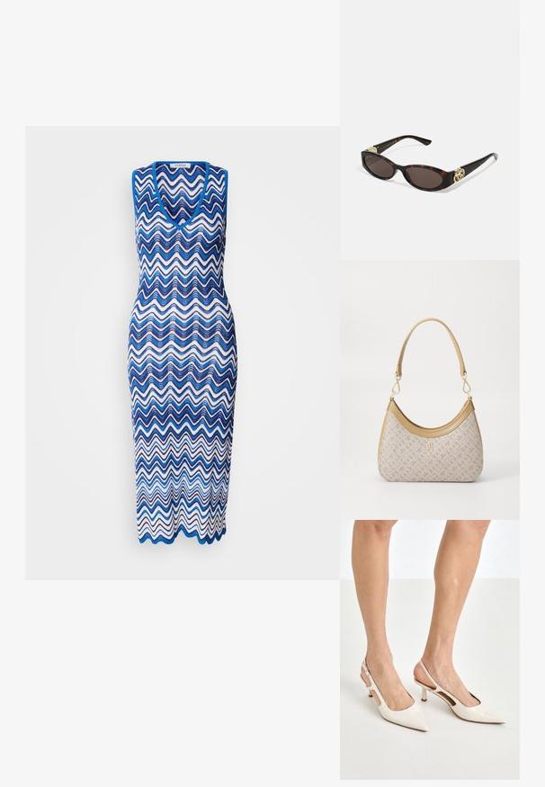 Sukienka dzianinowa z falującym wzorem w zygzaku w odcieniach niebieskiego i białego, bez rękawów, z głębokim dekoltem w kształcie litery V, długość do kostek.; Beżowe lakierowane szpilki z odkrytą piętą, zakończone spiczastym noskiem i 5 cm obcasem, z wyciętymi bokami oraz cienkim paskiem na kostce.; Słoneczne okulary w kolorze żółwi z wydłużonymi owalnymi soczewkami, brązowym odcieniem, złotymi akcentami logo na zausznikach oraz smukłymi czarnymi ramionami.; Beżowa torebka w wzory o zakrzywionym kształcie, z skórzanymi akcentami i złotym logo z przodu. Posiada krótki uchwyt, co ułatwia noszenie.; Naszyjnik z pereł i kryształów o okrągłym, koralikowym wzorze w jasnych odcieniach, z naprzemiennie umieszczonymi perłami i błyszczącymi akcentami, noszony na szyi.