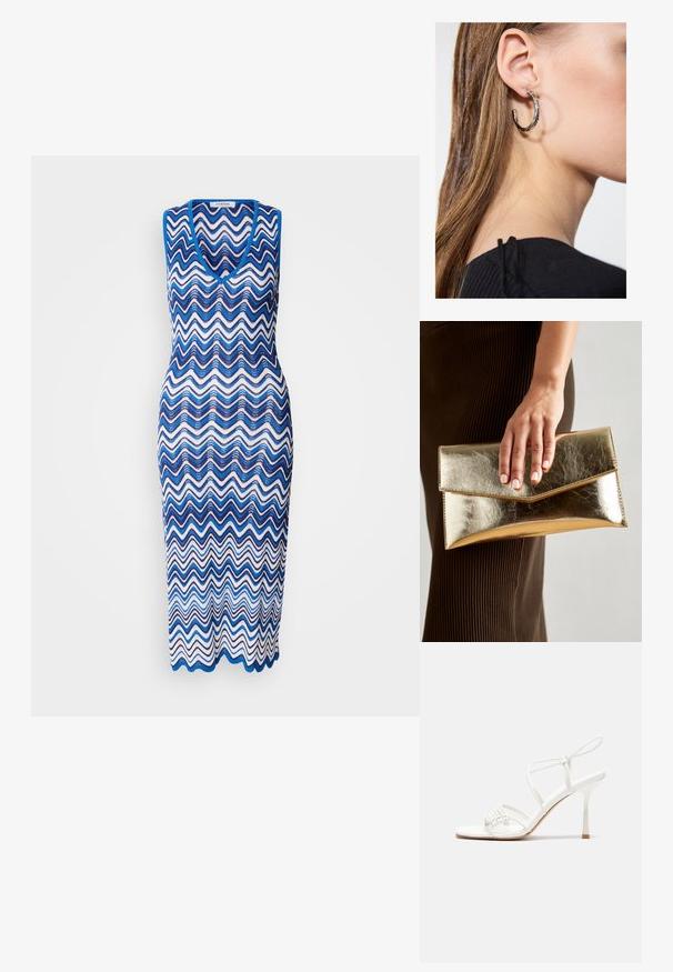 Adīta kleita ar viļņveida zigzaga rakstu zild un baltā krāsā, bez piedurknēm, ar dziļu V veida dekoltē un griezumu līdz potītēm.; Baltas striķu augstpapēžu sandales ar plakanu pirkstu daļu, teksturētu priekšpusi ar saveltiem akcentiem un šauru potītes siksniņu.; Zelta metalizēta sajūga soma ar gludu tekstūru, kuru rotā trīsstūrveida vāks. Rokai, kas to tur, ir kārtīgi apgriezti nagi.; Sudraba auskars ar pulētu apdari, ar maziem zelta akcentiem un apaļu formu, uz ausu ļipiņas.