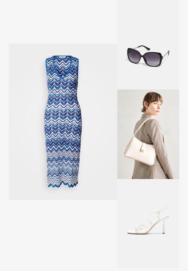 Robe en maille présentant un motif ondulé en zigzag bleu et blanc, sans manches et avec un décolleté en V plongeant, coupée à la cheville.; Sandale à talons hauts blanche avec une base de orteil plate, devant texturé avec des accents froncés et une fine bride à la cheville.; Lunettes de soleil noires surdimensionnées avec des verres dégradés, monture épaisse et détails en chaîne dorée sur les branches.; Sac à main en cuir blanc au design structuré, doté d'un fermoir magnétique et d'une bandoulière, présenté sur un fond neutre.