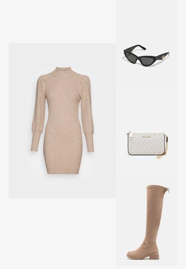 Kootud kleit beežis, millel on soonikstruktuur, kõrge kaelus ja puhv-suud. Keha lähedane siluett lühihelmale.; Knee-high beežist nubukist saapad ümmarguse kandaga, kumeral kontsaga ja peene kuldse aktsendiga kontsal. Sile tekstuur ja sobiv disain.; Kassionkoodiga päikeseprillid, millel on mati must plastraam, tumedad objektiivid ja kuldne logo aksent templis. Nurgaeline disain ja sile tekstuur.; Michael Korsi randmevõru beige kaetud kangast, millel on korduv MK logo muster, kuldne riistvara ja eemaldatav ahelistrap.