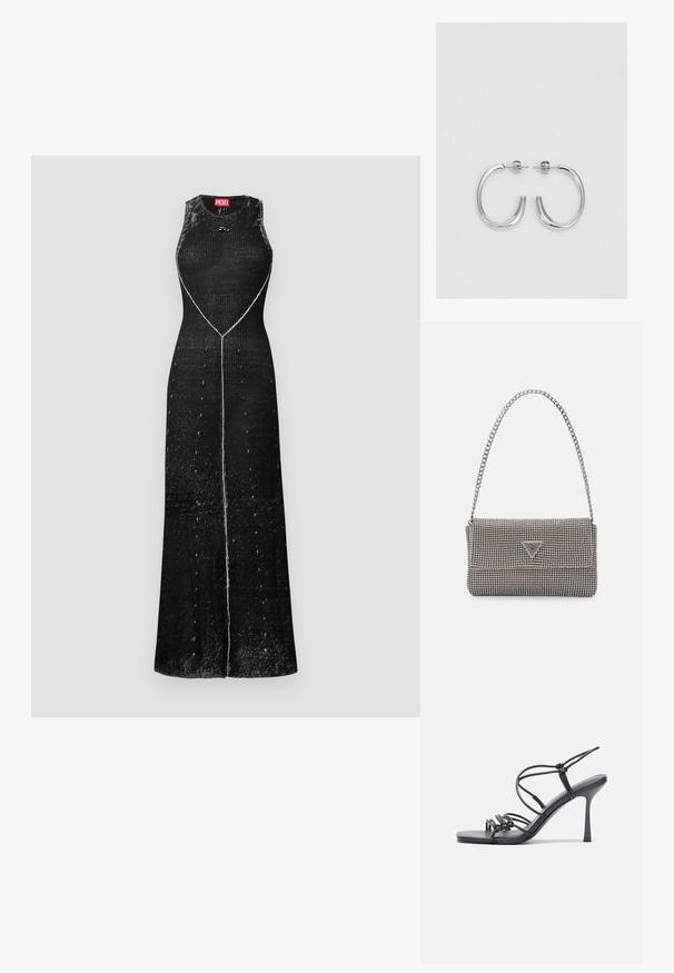Fekete ujjatlan ruha texturált anyagból, illeszkedő felső résszel és bővülő szoknyával. Kontrasztos fehér varrás fut végig függőlegesen az elején.; Fekete magas sarkú szandálok vékony pántokkal, csomózott mintával, sima négyzetes orral és karcsú stiletto sarkal rendelkeznek.; Világosszürke fémes kézitáska lánc pánttal, kis kör alakú fém kifinomult díszítéssel és háromszög alakú márkagéppel.; Ezüst karika fülbevalók sima, fényes felülettel. Lekerekített forma, könnyű kialakítással, tűs zárómechanizmussal.