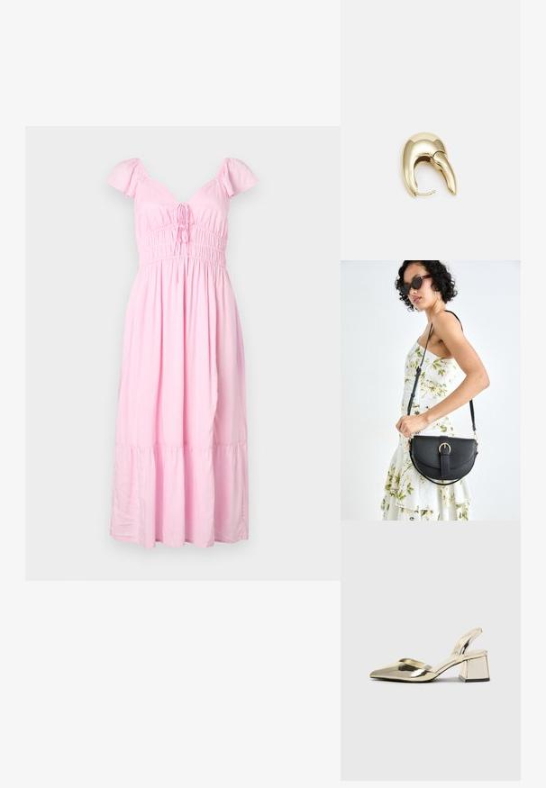 Roza bombažna midi obleka s kratkimi napihnjenimi rokavi, nabranim korzetom in obarvane krila. Ima vrvico na izrezu za prilagoditev.; Zlati, kovinski slingback čeveljci z ostrim nosom in masivnim peto. Gladka tekstura, minimalistična zasnova in ozka zanka.; Črna usnjena torbica s ukrivljeno obliko, z odstranljivo naramnico in zlatimi dodatki. Torbica ima pokrov s podrobnostmi v obliki zaponke.; Uhane nakit iz zlatastega tona z gladko, ukrivljeno zasnovo. Ima edinstveno koničasto obliko, polirano površino in zaponko s tečajem.