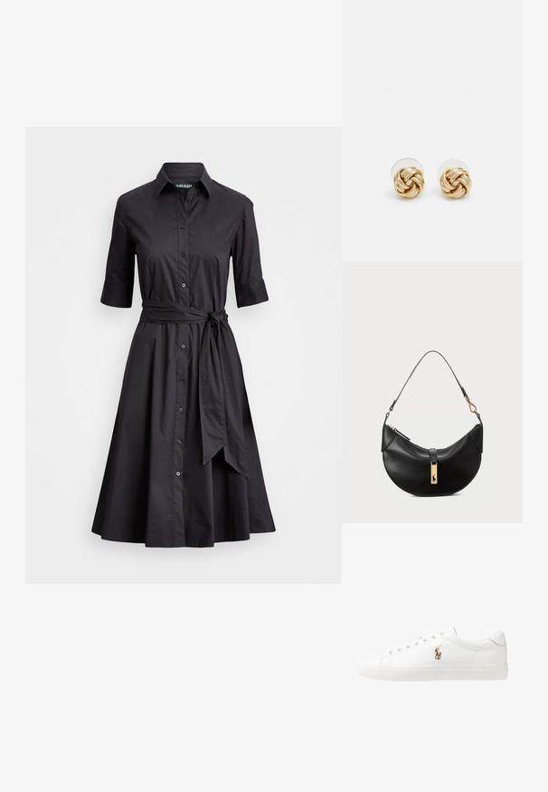 Melna īpašā kleita, kas izgatavota no viegla auduma, ar apkakles izgriezumu, īsām piedurknēm, priekšējo pogu aizdari un jostas auklu gurnos.; Baltas ādas sporta apavi, zema dizaina, ar gludu tekstūru, noapaļotu purngalu, ar auklēm priekšpusē un nelielu izšūtu logotipu sānos.; Melnas ādas rokas soma pusmēness formas. Iezīmē zelta metāla akcentus un šauru siksniņu. Gluda tekstūra, rāvējslēdzēja aizdare augšpusē.; Zeltītu mezgla auskari ar vērptu dizainu. Katrs auskaru pāris ir aprīkots ar apaļu caurspīdīgu atbalstu drošai nēsāšanai.