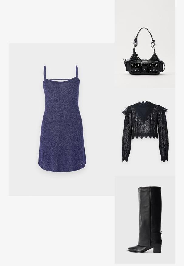 Ärmelloses Kleid aus funkelndem, dunkelviolettem Stoff in A-Linien-Form. Es verfügt über Spaghettiträger und einen runden Ausschnitt, mit einer glatten Textur.; Schwarzes Spitze-Crop-Top mit langen Ärmeln, hohem Kragen und gewelltem Saum. Blumenmuster mit transparenter Textur überall.; Schwarze Leder-Stiefel bis zum Knie mit glatter Oberfläche, quadratischer Zehenpartie, Blockabsatz und seitlichen Bindebändern für eine verstellbare Passform.; Schwarze Lederhandtasche mit einem geschwungenen Design, verziert mit silbernen Nieten, einer Schnalle und zwei seitlichen Taschen. Verstellbarer Träger für verschiedene Tragemöglichkeiten.