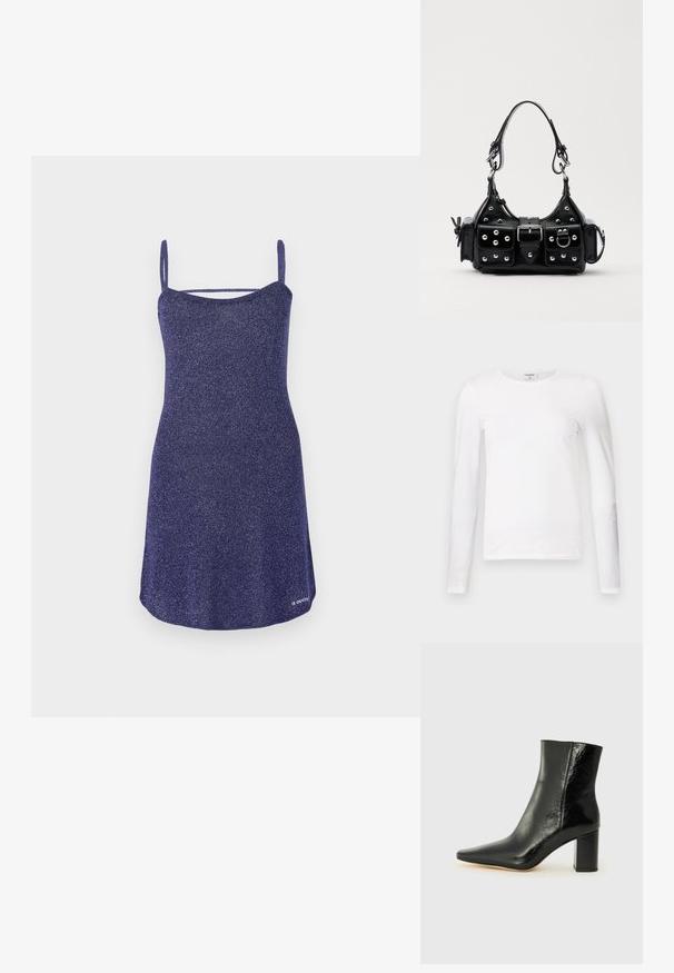 Hame dressi ilman hihoja tumman violetista hohtavasta kankaasta, A-linjainen malli, jossa on spagettiolkaimet ja pyöreä pääntie, sekä sileä pinta.; Valkoinen pitkähihaisen t-paita, joka on valmistettu pehmeästä puuvillasta. Sen pyöreä kaula-aukko ja slim-fit -muotoilu huomaavat siistit saumat ilman näkyviä kuvioita.; Musta nilkkuri kiiltävästä nahasta, jossa on terävä kärki ja paksu, neliömäinen korko. Sisältää sileän pinnan ja minimalistisen muotoilun.; Musta nahkainen käsilaukku, jossa on kaareva muotoilu, hopeiset niitit, solki ja kaksi sivutaskua. Säädettävä olkahihna erilaisiin kantovaihtoehtoihin.