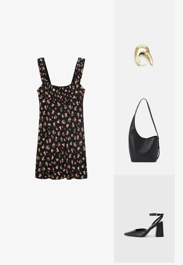 Crna haljina bez rukava sa kvadratnim izrezom, s cvjetnim uzorkom u ružičastoj i zelenoj boji. Mekani materijal s opuštenim krojem i nabranim detaljima.; Crne kožne cipele s špicastim vrhom, remenom oko gležnja i debelim potplatom. Ravna tekstura, elegantan dizajn i minimalistička estetika.; Crna kožna hobo torba s glatkom teksturom, zakrivljenim oblikom i jednom podesivom trakicom; ima širok otvor na vrhu.; Zlatne metalne naušnice s elegantnim, zakrivljenim dizajnom. Imaju karakterističan šiljast oblik, poliranu površinu i zatvaranje na šarku.