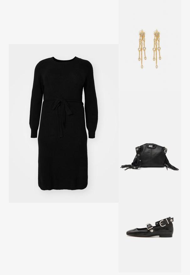 Čierne pletené šaty s dlhými rukávmi, okrúhlym výstrihom a kravatom v páse. Hladká textúra a dĺžka po kolená.; Čierne lakované baleríny so štvorcovou špičkou, remienkom okolo členka so striebornými prvkami a plochou podrážkou. Hladký povrch s minimalistickým dizajnom.; Maje MISS MINI - Taška cez plece - noir; Zlaté náušnice s mnohými kaskádovými reťazcami, ozdobené jasnými oválnymi kryštálmi a dekoratívnymi puzdrami.