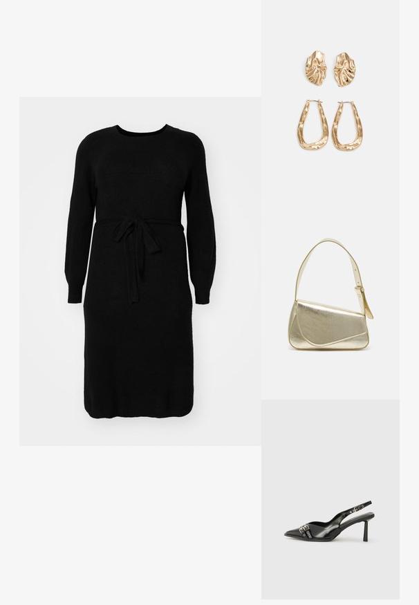 Abito nero lavorato a maglia con maniche lunghe, scollo rotondo e cintura legata in vita. Texture liscia e design a lunghezza intermedia.; Scarpa slingback in vernice nera con punta affusolata, cinturini alla caviglia con fibbie in argento e accessori, e tacco sottile.; Borsa a mano metallica dorata con un design strutturato, superficie liscia e tracolla regolabile. Presenta una forma triangolare unica e cuciture minimaliste.; Orecchini in tono oro caratterizzati da forme ondulate eTexture. Comprendono chiusure clip-on scultoree e un design a cerchio aperto con finitura martellata.