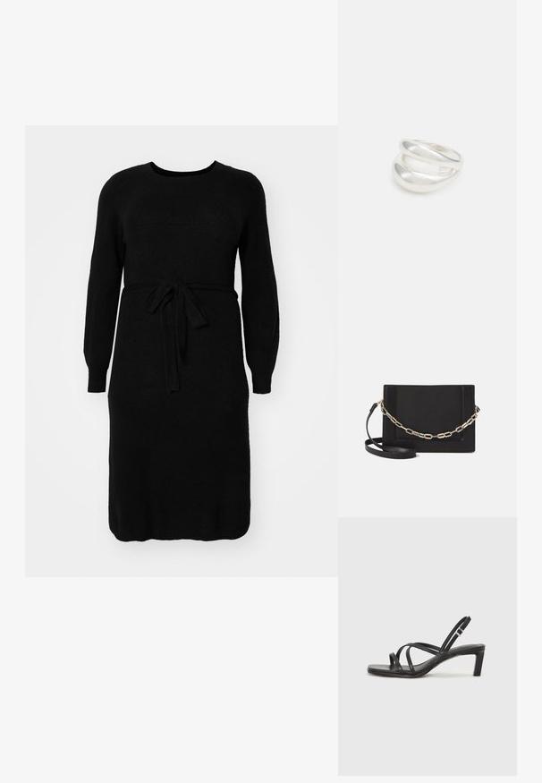 Črna pletena obleka z dolgimi rokavi, okroglo izrezom in pasom na zavezovanje. Gladka tekstura in obleka srednje dolžine.; Črne natikače s trakovi in kvadratnim prstom ter nizkim blokastim peto. Imajo več tankih trakov in nastavljiv trak okoli gležnja. Narejene so iz gladkega usnja.; Črna usnjena torba čez ramo z gladko teksturo, pravokotno obliko in kovinskim verižnim detajlom spredaj. Vključena je nastavljiva naramnica.; Srebrn dvojni prstan z gladko, polirano površino. Ima tekoč, ukrivljen dizajn z prekrivajočimi se sekcijami za sodoben videz.