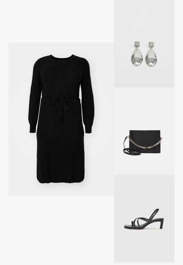 Schwarzes gestricktes Kleid mit langen Ärmeln, einem runden Halsausschnitt und einem Bindegürtel in der Taille. Glatte Textur und mittellanges Design.; Schwarze Sandale mit Riemchen, quadratischer Zehenform und niedrigem Blockabsatz. Verfügt über mehrere dünne Riemen und einen verstellbaren Knöchelriemen. Hergestellt aus glattem Leder.; Schwarze Leder-Crossbody-Tasche mit glatter Textur, rechteckiger Form und metallic-kettendetail auf der Vorderseite. Verstellbarer Gurt inklusive.; Silberne Tropfenohrringe mit einem quadratischen Stecker, die eine glatte, polierte Oberfläche und eine Tropfenform aufweisen, die Licht mit einer glänzenden Oberfläche reflektiert.