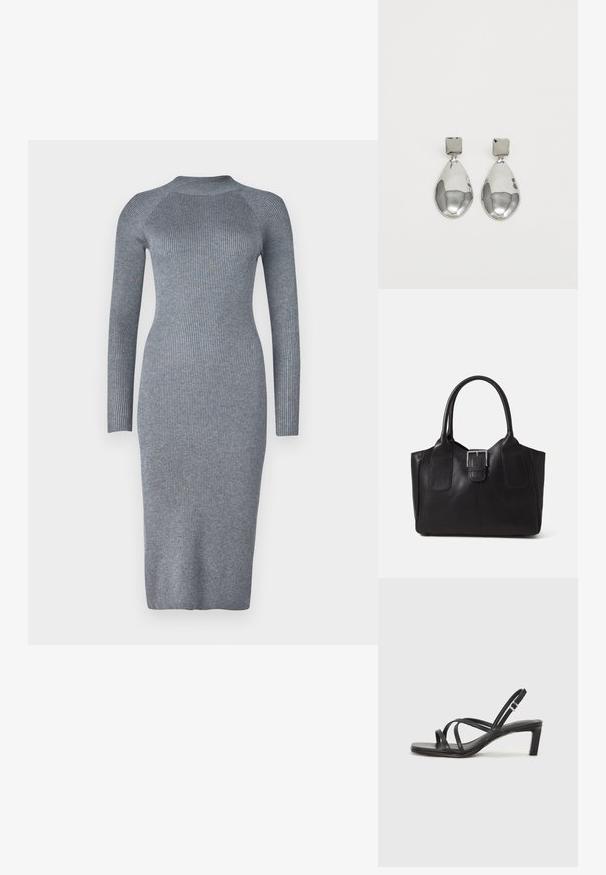 Vero Moda Petite VMWILLOW HIGHNECK DRESS - Enostavna obleka - medium grey; Črne natikače s trakovi in kvadratnim prstom ter nizkim blokastim peto. Imajo več tankih trakov in nastavljiv trak okoli gležnja. Narejene so iz gladkega usnja.; Črna usnjena torba s gladko teksturo, strukturirano obliko, dvema ročkama in izrazitim srebrnim sponko na sprednji strani.; Srebrni uhani z kvadratnim studom, ki imajo gladko, polirano površino in obliko kapljice, ki odbija svetlobo z sijočo površino.