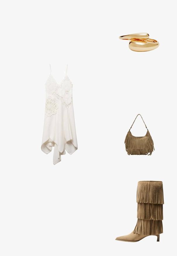 Mango - Sukienka koktajlowa; Botki na kostkę w kolorze jasnobrązowym z zamszu, z trzema warstwami frędzli. Szpiczasty nos i niski klocek. Gładka faktura na całej powierzchni.; Brązowa torebka z zamszu z długimi frędzlami, o zakrzywionym kształcie i pojedynczym paskiem na ramię. Posiada gładką, teksturowaną powierzchnię.; Złocone pierścionki o gładkich, zaokrąglonych kształtach splatające się ze sobą. Wysoki połysk z refleksyjną powierzchnią, ukazujący bezszwowy design.