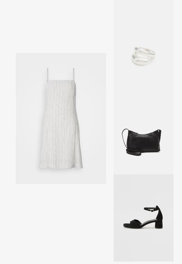 Gap Tall Freizeitkleid - new off white; Schwarze Wildleder-Espadrilles mit einem dünnen Knöchelriemen, offener Zehenpartie und moderatem Blockabsatz. Glatte Textur und minimale Akzente.; Schwarze Ledertasche für die Schulter mit glatter Textur, geschwungener Form, verstellbarem Tragegurt und Reißverschluss. Minimalistisches Design ohne Verzierungen.; Silberner Doppelring mit einer glatten, polierten Oberfläche. Verfügt über ein fließendes, kurviges Design mit überlappenden Abschnitten für einen modernen Look.