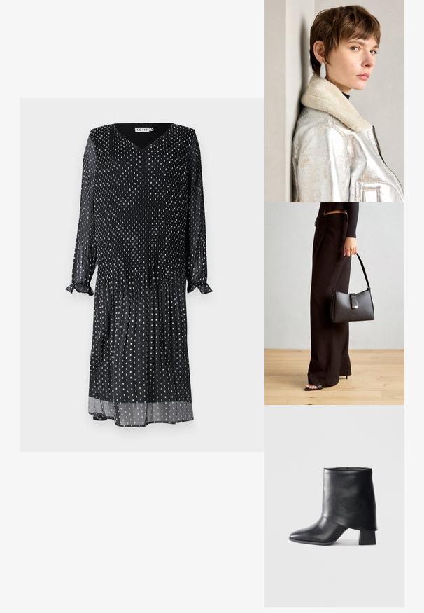 Rochie neagră dintr-un material ușor, cu decolteu în V, mâneci lungi cu volane la umeri și motive de buline albe pe întreaga suprafață.; Botine din piele neagră cu vârf ascuțit, textură netedă și toc bloc structurat. Prezintă un design cu manșetă înaltă și pliată.; Genți negre cu o formă structurată, textură netedă și un închizător metalic. Asortată cu pantaloni negri largi și sandale cu vârf deschis pe un podea din lemn.; Jachetă din piele metalizată argintie cu guler din blană, având închidere prin fermoar și suprafață texturată. Cercei mari în formă de lacrimă cu pietre semiprețioase clare.