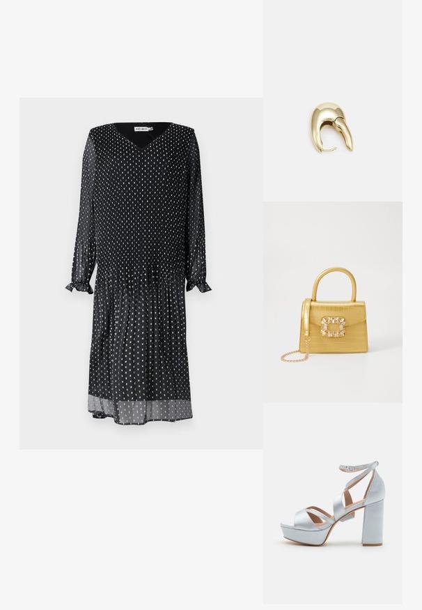 Juoda suknelė iš lengvos medžiagos, su V formos iškirpte, ilgomis rankovėmis su volanų apdaila ir baltais taškeliais visame paviršiuje.; Sidabriniai satininiai platforminiai sandalai su storu blokuotu kulnu, atvira nosimi ir kryžminėmis kulkšnies juostelėmis. Turi sagtį, užtikrinančią tvirtą prigludimą.; Geltonas dirbtinės krokodilo odos rankinukas su standžiu dizainu, viršutine rankena, nuimamu grandininiu dirželiu ir dekoratyviniu krištolo papuošimu ant užsegimo.; Aukso tono metalinės auskarai su stilingu, kreiviu dizainu. Išsiskiria ryškiu smailiu pavidalu, poliruota paviršiumi ir užsegimu su vyriu.