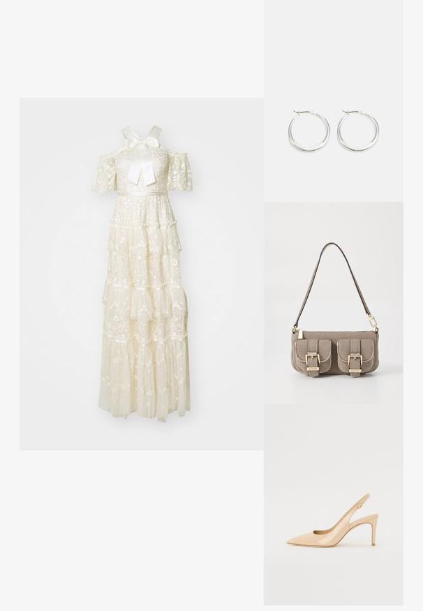 Valge kihilise pitskleit, millel on brodeeritud lillemustrid. Omab lühikesi varrukaid, lipsu kaeluses ja voolujoonelist siluetti.; Nude patenti nahkkingad kõrged kontsad, terava ninaga, avatud vamp ja õhuke stilettokonts. Omab ringikujulist kuldset aktsenti rihmal.; Beez tekstuuriga käekott reguleeritava rihmaga, kahe esikoti ja lukuga, mis on kindlustatud pandlatega, ning kuldsete detailidega. Ülemine luku sulgemine.; Hõbedased rõngasnõelad on sujuva ja ümara kujundusega, õhukese profiiliga ning kindla lukuga. Minimalistlik stiil ja läikiv viimistlus.