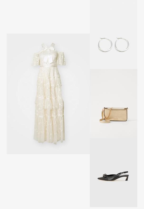 Robe blanche à volants en dentelle avec des motifs floraux brodés. Présente des manches courtes, un nœud au niveau du col et une silhouette fluide.; Chaussure slingback en cuir noir avec un bout pointu, un petit talon et un détail de boucle décoratif sur le dessus. Texture lisse, design minimaliste.; Pochette en cuir doré métallisé avec une finition texturée, dotée d'une chaîne dorée et d'une bandoulière amovible. Logo de la marque estampé.; Les boucles d'oreilles en argent en forme de créole présentent un design lisse et arrondi avec un profil fin et un fermoir sécurisé. Style minimaliste avec une finition polie.