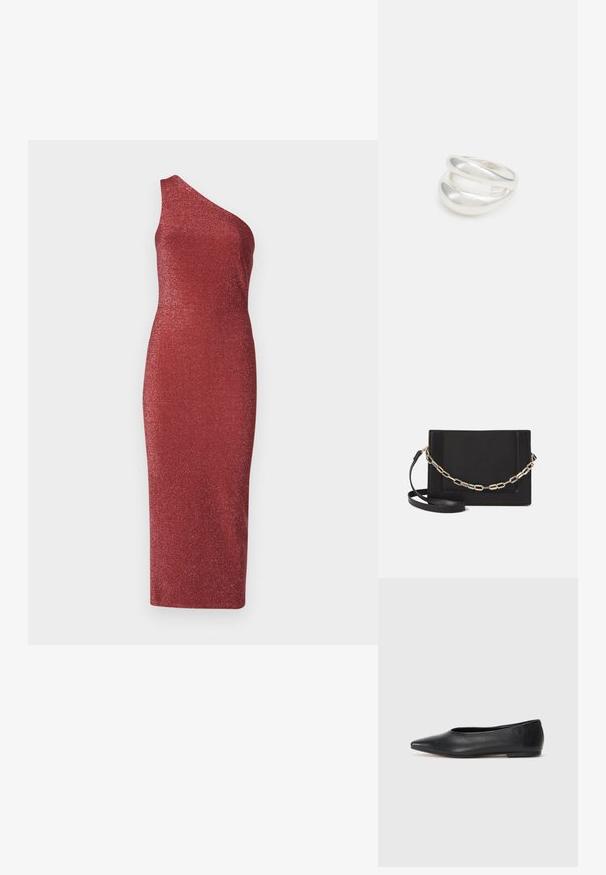 Robe asymétrique rouge à une épaule en tissu scintillant et texturé. Silhouette ajustée avec un ourlet mi-long.; Ballerines noires en cuir, à bout pointu, design minimaliste, texture lisse, talon bas, sans matériel ni embellissements visibles.; Sac bandoulière en cuir noir avec une texture lisse, de forme rectangulaire et un détail en chaîne métallique à l'avant. Sangle réglable incluse.; Bague en argent à double bande avec une surface lisse et polie. Présente un design fluide et courbé avec des sections qui se chevauchent pour un look moderne.