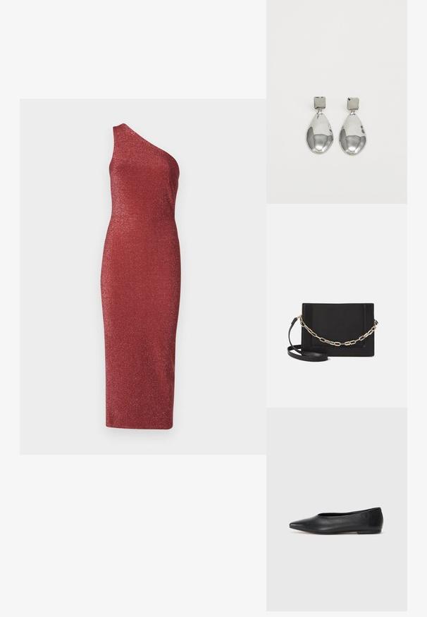 Asymetrické červené šaty s jedným ramienkom vyrobené z trblietavého, textúrovaného materiálu. Silueta priliehajúca k postave s dĺžkou po kolená.; Čierne kožené baletky, špicatý špička, minimalistický dizajn, hladká textúra, nízky podpätok, bez viditeľných prvkov alebo ozdôb.; Čierna kožená crossbody taška s hladkou textúrou, obdĺžnikovým tvarom a kovovým reťazovým detailom na prednej strane. Súčasťou je nastaviteľný popruh.; Strieborné visACIE náušnice so štvorcovým študom, s hladkým, lešteným povrchom a tvarom kvapky, odrážajúce svetlo s lesklým povrchom.
