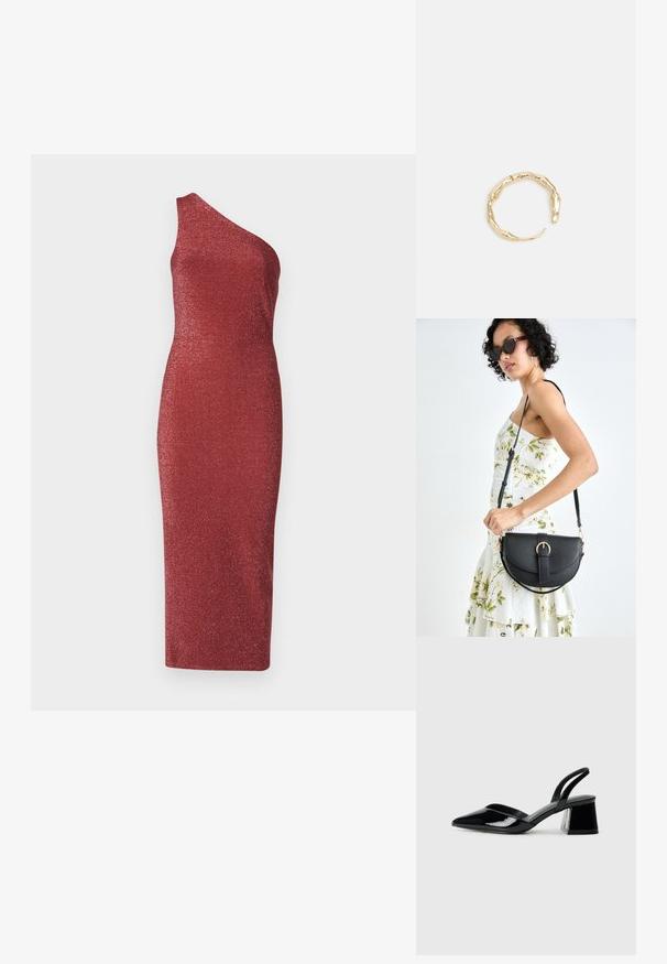 Asimetriškas raudonas su vienu petimi suknios dizainas, pagamintas iš žėrinčios, tekstūruotos medžiagos. Prigludusi siluetas su vidutinio ilgio apvadu.; Juodos lakuotos odinės šlepetės su smailiu pirštu ir geometriniu bloko kulnu. Turi elegantišką, minimalistinį dizainą ir lygų paviršių.; Juodas odinis krepšys su išlenkta forma, nuimamu dirželiu ir auksiniais detalėmis. Krepšys turi kilpą su sagtimi.; Auksinės spalvos žiedas, turintis organišką, sukimosi dizainą su lygiu paviršiumi ir siaurėjančiais galais, sukuriantis modernią skulptūrinę išvaizdą.