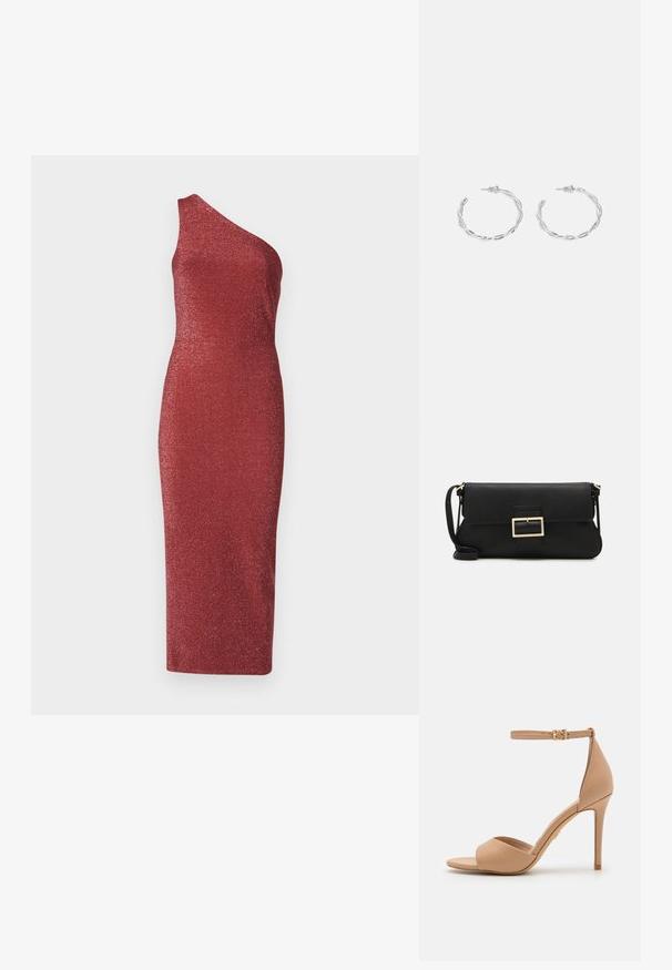 Abito rosso asimmetrico a spalla unica realizzato in tessuto glitterato e testurizzato. Silhouette aderente con orlo di lunghezza media.; ALDO CRERIDE PILLOW WALK - Sandali - beige; Borsa a mano in pelle nera con patta e dettaglio in metallo dorato. Include una tracolla nera e un design elegante e minimalista.; Orecchini a cerchio in argento con un design torciglionato, caratterizzati da una finitura lucida e chiusura a perno. Misurano circa 3 cm di diametro.