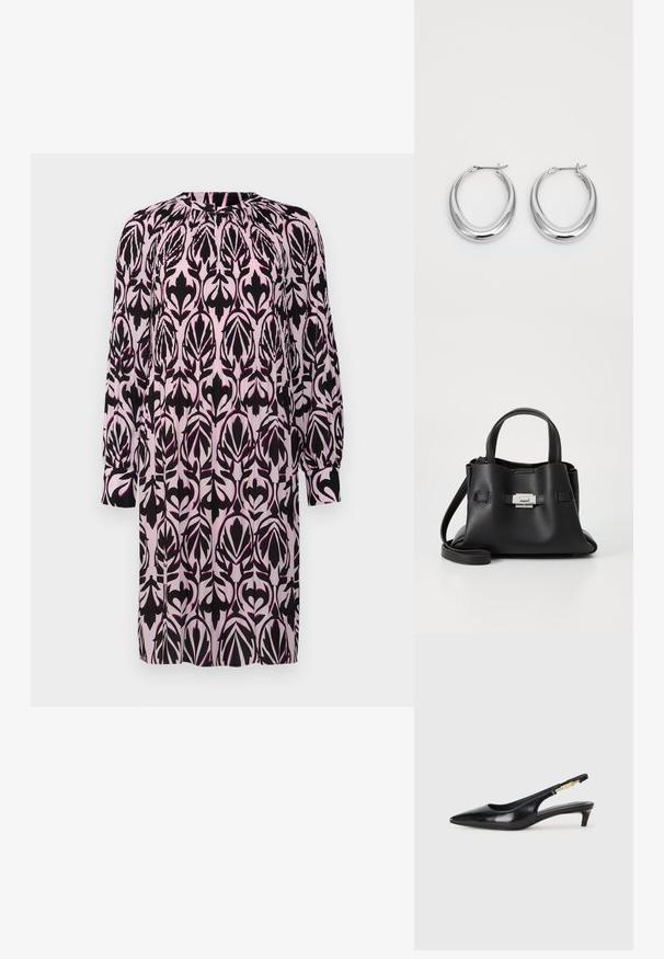 Langarmkleid aus pinkem Stoff mit einem schwarz-lila Blumenmuster. Es hat einen runden Ausschnitt und Raffungen an den Ärmeln.; Schwarze Leder-Slingback-Pumps mit spitzem Schuhblatt, ausgestattet mit einem schlanken Absatz und einem goldfarbigen Akzent am verstellbaren Riemen. Glatte Textur.; Schwarze Ledertasche mit strukturiertem Finish, ausgestattet mit zwei oberen Griffen, einem abnehmbaren Schultergurt und einem silbernen Verschlussdetail.; Ein Paar polierte silberne Halbmond-Ohrringe mit Scharnierverschlüssen auf einem weißen Hintergrund.