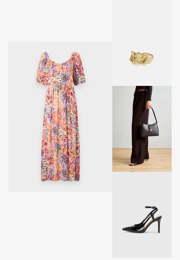 Maxi kleit madala kaelusega ja puhvärvidega. Valmistatud kergest kangast, kus on värvikirev abstraktne muster roosa, oranži ja sinise värviga.; Mustast patendnahast kõrge kontsaga slingback kingad, millel on terav varvas, reguleeritav pahkluu rihm ja avatud küljed. Sile tekstuur.; Must musta kott, millel on struktureeritud kuju, sile tekstuur ja metallist klamber. Kombineeritud laiate mustade pükstega ja avatud varvaste sandaalidega puidust põrandal.; Kuldne sõrmus tekstureeritud, lainelise disainiga, millel on kolm silmapaistvat tippu. Sile, läikiv pind ja avatud riba, mis võimaldab reguleeritavat sobivust.