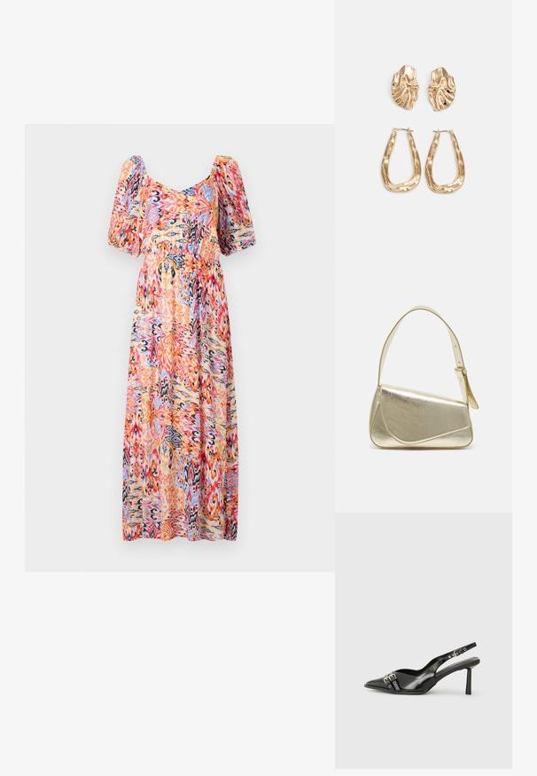 Rochie maxi cu decolteu rotunjit și mâneci bufante. Fabricată dintr-un material ușor, cu un model abstract colorat în nuanțe de roz, portocaliu și albastru.; Pantofii slingback din piele lăcuită neagră, cu vârf ascuțit, bretele pentru gleznă cu catarame și accesorii din argint, și un toc subțire.; Geantă de umăr metalică aurie cu un design structurat, textură netedă și curea reglabilă. Prezintă o formă triangulară unică și cusături minimaliste.; Cercei aurii cu forme texturate și ondulate. Include studs sculpturale cu clip și un design de cerc deschis cu un finisaj cioplit.