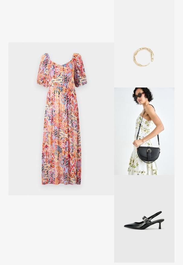 Robe maxi avec un décolleté en scoop et des manches bouffantes. Fabriquée en tissu léger, présentant un motif abstrait coloré en rose, orange et bleu.; Escarpins slingback en cuir verni noir avec un bout pointu et un petit talon bloc, mettant en avant un accent en boucle argentée sur la sangle.; Sac à main en cuir noir avec une forme courbée, bandoulière amovible et des accessoires en or. Le sac est doté d'un rabat avec un détail de boucle.; Bague en or ornée d'un design organique et torsadé, avec une texture lisse et des extrémités effilées, créant une apparence moderne et sculpturale.