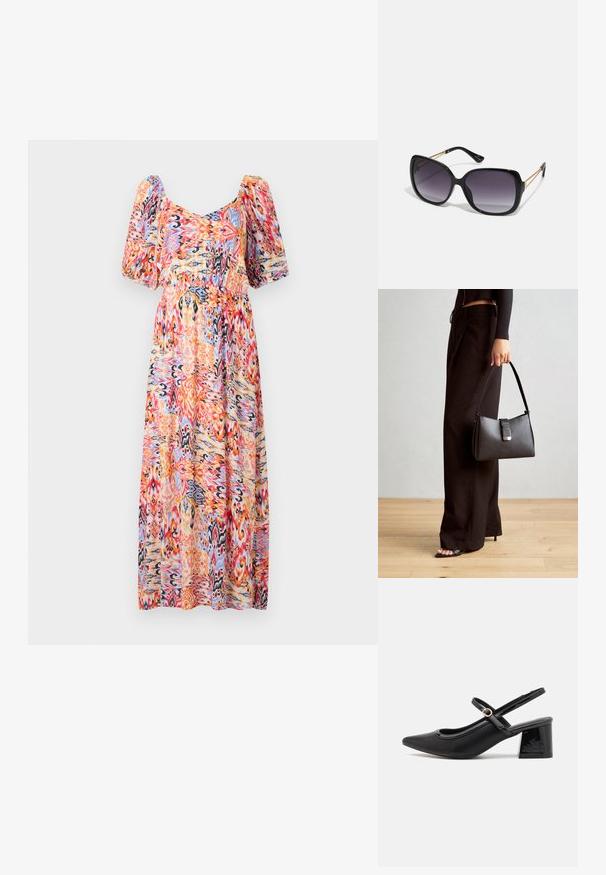 Maxikleid mit Rundhalsausschnitt und Puffärmeln. Hergestellt aus leichtem Stoff mit einem bunten abstrakten Muster in Pink, Orange und Blau.; Schwarze Lackleder-Slingback-Absätze mit spitzer Zehenform, einem runden Ausschnitt-Design und einem Blockabsatz. Mit einem goldfarbenen Schnallenakzent.; Schwarze übergroße Sonnenbrille mit getönten Gläsern, dicken Rahmen und goldfarbener Kettendetaillierung an den Bügeln.; Schwarze Handtasche mit strukturierter Form, glatter Textur und einem metallischen Verschluss. Kombiniert mit weiten schwarzen Hosen und offenen Sandalen auf einem Holzboden.