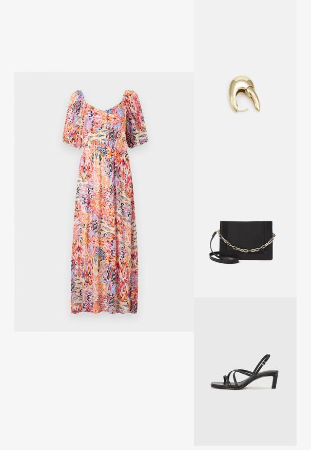 Maksi obleka z okroglim izrezom in napihnjenimi rokavi. Narejena iz lahkega materiala, ki ima barvit abstrakten vzorec v roza, oranžni in modri barvi.; Črne natikače s trakovi in kvadratnim prstom ter nizkim blokastim peto. Imajo več tankih trakov in nastavljiv trak okoli gležnja. Narejene so iz gladkega usnja.; Črna usnjena torba čez ramo z gladko teksturo, pravokotno obliko in kovinskim verižnim detajlom spredaj. Vključena je nastavljiva naramnica.; Uhane nakit iz zlatastega tona z gladko, ukrivljeno zasnovo. Ima edinstveno koničasto obliko, polirano površino in zaponko s tečajem.