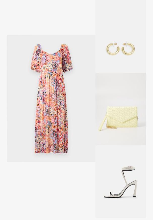 Μάξι φόρεμα με στρογγυλή λαιμόκοψη και φουσκωτά μανίκια. Κατασκευασμένο από ελαφρύ ύφασμα με πολύχρωμο αφηρημένο μοτίβο σε ροζ, πορτοκαλί και μπλε.; Λευκές παλαιές δερμάτινες ψηλοτάκουνες σανδάλες με κλειστή φτέρνα, αυτοκόλλητο που φτάνει μέχρι τον αστράγαλο και τετράγωνη μύτη. Διαθέτουν λεία υφή και λεπτό τακούνι.; Κίτρινο πλεκτό πορτοφόλι με καπάκι, αποσπώμενη λωρίδα καρπού και χρυσή αλυσίδα. Λείος υφής και ορθογώνιο σχήμα.; Χρυσά σκουλαρίκια κρίκοι με ομαλή, γυαλιστερή επιφάνεια. Κυκλικός σχεδιασμός που διαθέτει μια μικρή βάση και διαφανή στήριξη για ασφαλή χρήση.