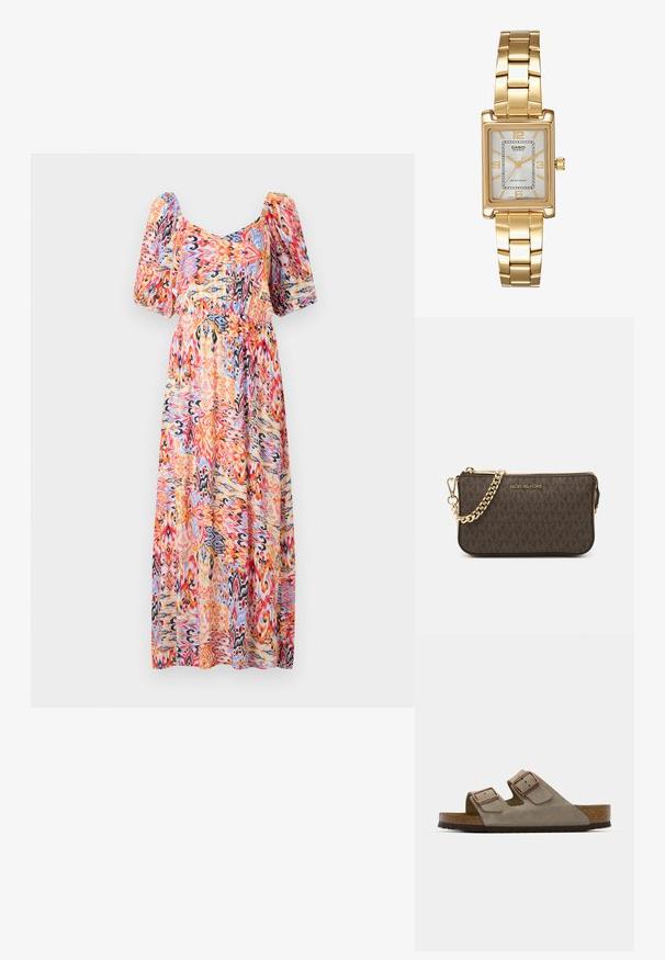 Maxi kjole med rund udskæring og pufærmer. Lavet af letvægtsstof med et farverigt abstrakt mønster i pink, orange og blå.; Suedesandal i lys grå med to justerbare spænder, en kork mellemsål og en tekstureret gummiydersål.; Brun læder crossover taske med logo mønster, guldkæde rem, lynlås lukning og gyldne hardware detaljer. Kompakt og rektangulær form.; Guldtonet rektangulær armbåndsur med en hvid skive, sølvtonede time markører og et holdbart metalled. Vandafvisende funktion inkluderet.