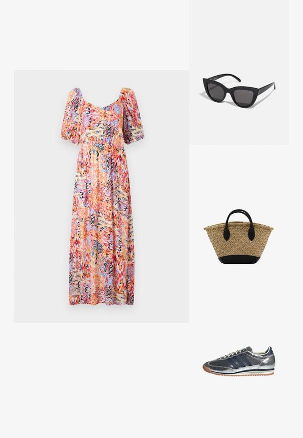 Maxi-mekko, jossa on pyöreä pääntie ja puffihihat. Valmistettu kevyestä kankaasta, jossa on värikäs abstrakti kuvio pinkissä, oranssissa ja sinisessä.; Hopeakimalleiset synteettiset urheilukengät, joissa on tummansiniset raidat, pyöreä kärki, valkoinen vuori ja kumipohja. Ominaisuuksiin kuuluu teksturoitu päällinen ja nauhakiinnitys.; Mustat kissansilmäaurinkolasit, joissa on matta pinta, harmaansiniset linssit, terävät kulmat ja tyylikkäät sivuvarret. Brändin nimi näkyy sisävarsissa.; Kudottu olkisetti, jossa on levenevä muoto, mustasta nahasta oleva pohja ja kahvat. Teksturoituja luonnonkuituja, joissa on sileät mustat yksityiskohdat.