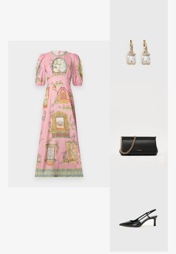 Ružičasta maksi haljina s puf rukavima, složenim ilustracijama vrata i cvjetnim motivima, te ukrasnom rubom s uzorkom.; Crne lakirane slingback pete s oštrim vrhom, s teksturiranim uzorkom zmijske kože, podesivom remenom i kratkom, teksturiranom blok-petom.; Crna kožna torbica sa zlatnim lančićem, koja se odlikuje glatkom teksturom, pravokutnim oblikom i utisnutim brendom na prednjoj strani.; Zlatne naušnice s pravokutnim, prozirnim kristalom koji visi ispod niza malih, okruglih prozirnih akcenata. Elegantni, moderni dizajn.