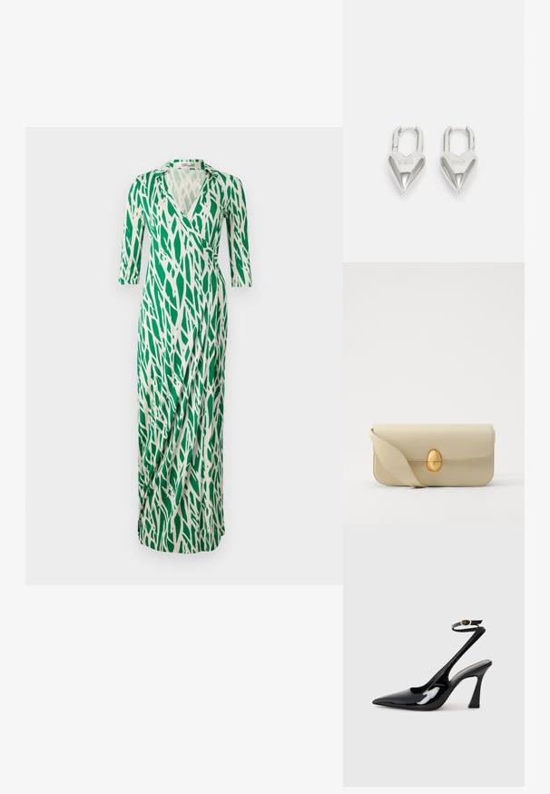 Rochie înfășurată verde și albă, cu decolteu în V, mâneci trei sferturi și un design fluid care prezintă un model asemănător frunzelor. Textură de țesătură netedă.; Sandale cu toc înalt din piele patent neagră, cu vârf ascuțit, curea ajustabilă la gleznă și toc mediu pătrat. Textură netedă cu un finisaj lucios.; Geantă de mână din piele bej, cu o textură netedă, formă rectangulară și un închizător oval auriu. Dispune de o curea lungă, ajustabilă.; Lacate în formă de inimă, argintii, cu inscripții gravate "DA" și "NU", finisaj lustruit, design simetric și un închizător robust din metal.